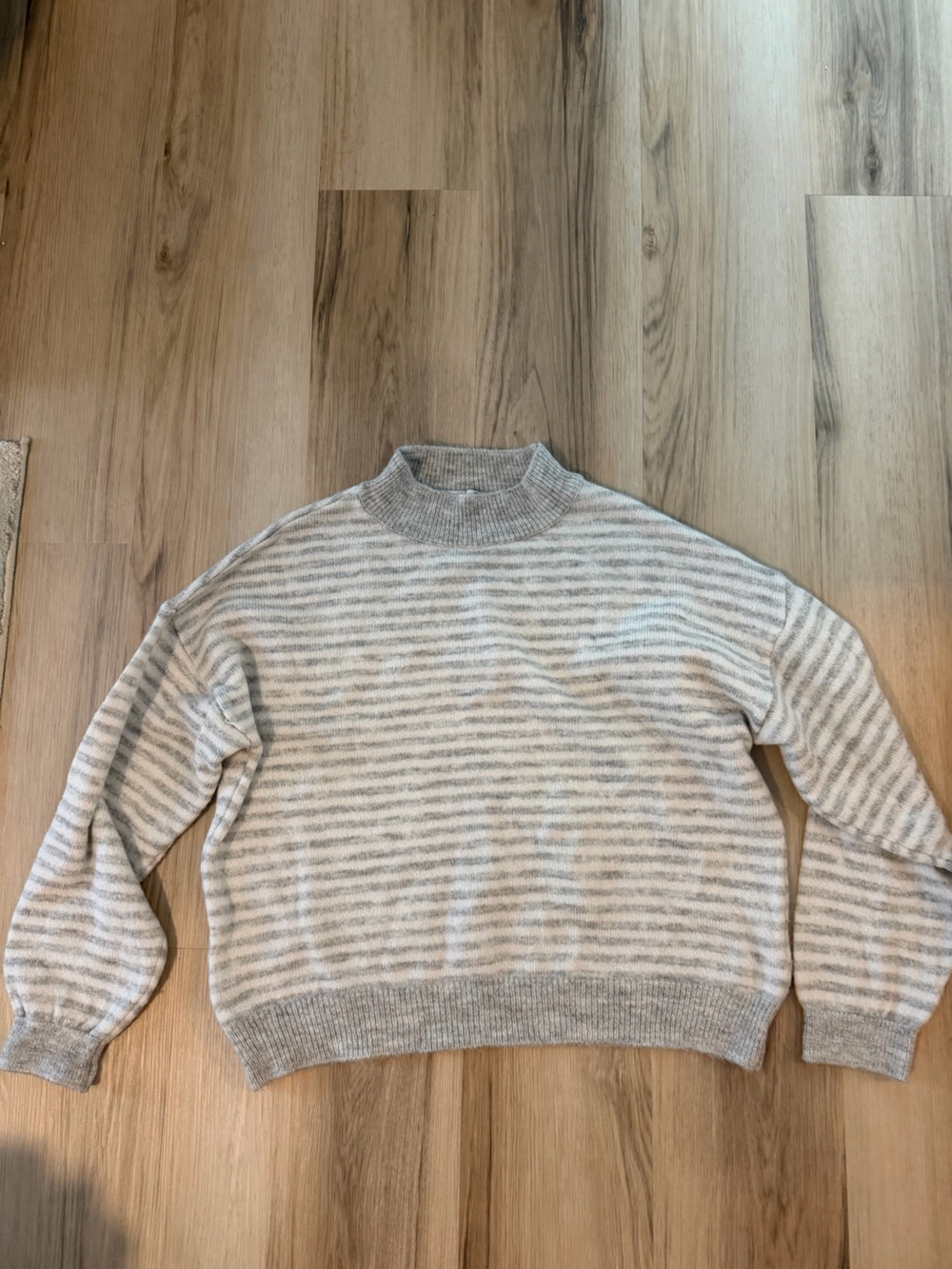 Women’s Striped Turtleneck Sweater in Gray and Cream